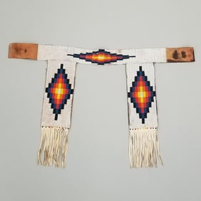 Native American beaded belt with leather fringe- 28"L with 18" drop from top of belt to bottom of