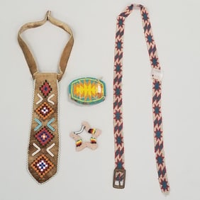 4 pieces Native American beadwork: necktie, belt, buckle, & star clip- belt 38"L 3/4"W (some as