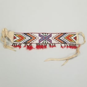 Small Native American beaded sash w/ tinkle cones- 12 1/2" x 2 1/4" beadwork (some cone losses)