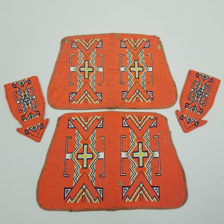 4 Native American beaded items- overall orange color- 14 1/2" x 10 1/4" largest (some bead losses) (1 of 15)