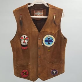 Men's leather vest with Native American beadwork patches, etc.- size 38