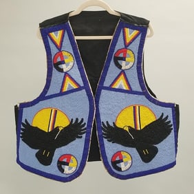 Contemporary Native American beaded vest- Thunderbird motif- tape lined- approx. 25" chest 25"L