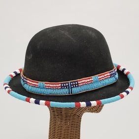 Beaded felt derby hat with American flag motif- 22 1/2" inner circumference; 5"H, 10" x 11 1/2" O.D.