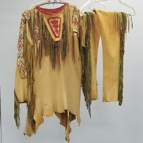 Fringed buckskin shirt & legging set with applied quill work & horsehair, etc. decoration- 24"