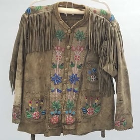 Old Native American beaded buckskin fringed jacket with 8 antique police uniform buttons- 23"W chest