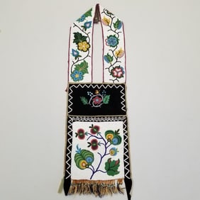 Old Native American beaded bandolier bag- Woodland Indian, approx 46"L 13"W (some bead & cloth