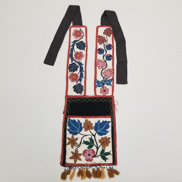 Small old Native American beaded bandolier bag- Woodland Indian , approx. 38 1/2"L x 12"W not (1 of 18)