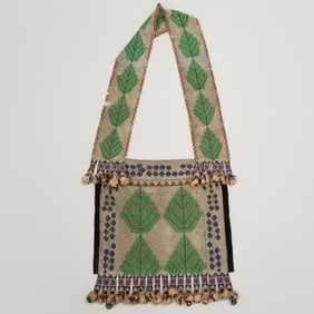 Small old Native American bandolier bag- Ojibwe loom-beaded with yarn & bell tassels- reverse beaded
