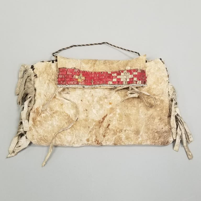 Old Native American quilled leather possible bag- with fringe, approx. 11" x 7" (some quill losses, (1 of 11)
