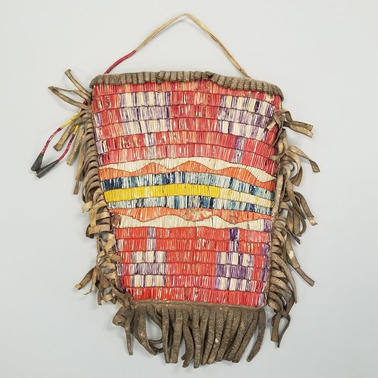 Small old Native American quilled buckskin pouch with fringe & tinkle cones- approx. 7 1/2" x 7" not (1 of 13)