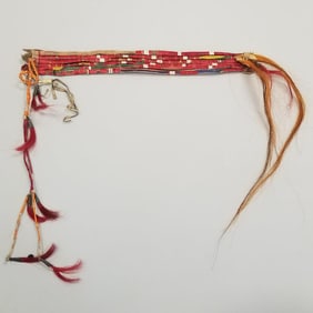 Native American quilled parfleche band with horse hair & tinkle cones- approx. 14 1/2" x 1 3/4"