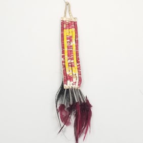 Native American quilled band/ adornment with feathered tinkle cones- approx. 14" x 1 1/2" overall