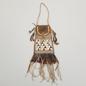 Small Native American quilled pouch with tufted cones & geometric design- overall length including