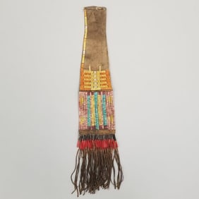 Native American quilled leather pipe bag with tufted hair tinkle cones- 34" x 6" O.D.