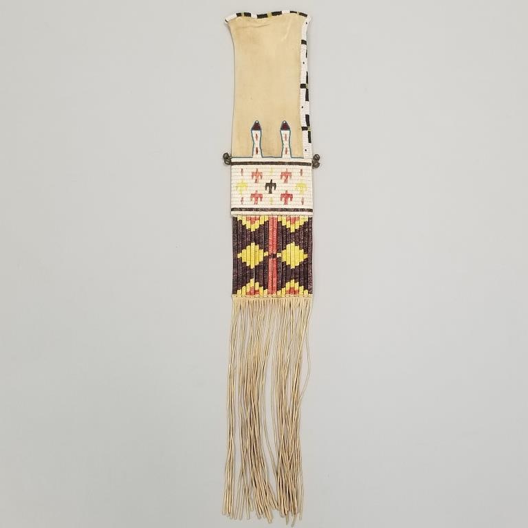Native American quilled & beaded buckskin pipe bag 33" x 5 1/2" O.D. including fringe (1 of 10)
