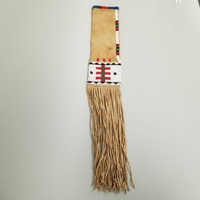 Native American beaded leather pipe bag- 30" x 5" O.D. including fringe