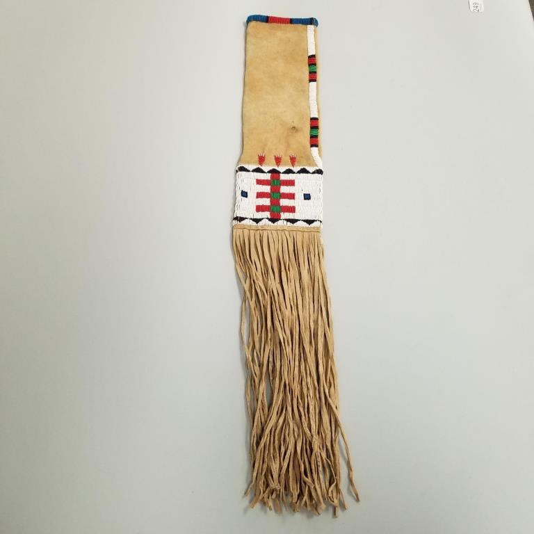 Native American beaded leather pipe bag- 30" x 5" O.D. including fringe (1 of 9)