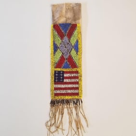 Beaded leather pipe bag with American flag motif & tinkle cone- approx. 26" x 6" O.D. including