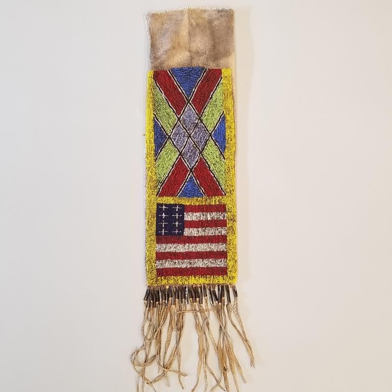 Beaded leather pipe bag with American flag motif & tinkle cone- approx. 26" x 6" O.D. including (1 of 8)