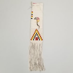 Beaded pipe bag w/ applied quill work decoration- approx. 32 1/2" x 6" OD including fringe-
