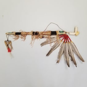 Native American style carved stone pipe- white buffalo with beaded wood stem, leather fetishes &