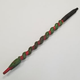 Carved & polychrome painted wood snake motif pipe stem with glass bead eyes- 22 1/4"L 1 1/8"W