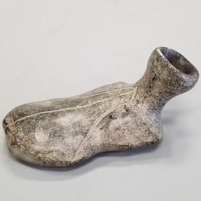 Mississippian era carved stone pipe bowl with grooved line decoration- approx. 6 3/8"L 3 1/8"W 2