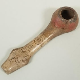 Meso-American style serpent head clay pipe- 5 1/4"L 1 5/8"W 1 1/8"H