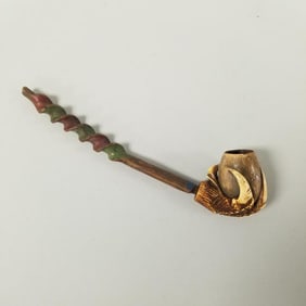 Carved talon form Meerschaum pipe bowl with a carved & polychrome painted wood pipe stem- 8 3/8"L 1