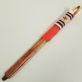 Carved wood pipe stem with applied beadwork & horsehair, etc. decoration- 17"L 1 1/4"W wood (some