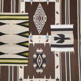 4 Southwest style weavings including 2 Chimayo style- 57 1/2" x 28" largest (some moth damage)