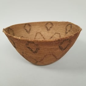 Old Yokut style woven basket- 6 1/4"H 12" D, (some rim losses)