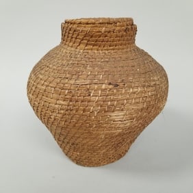 Old Native American coil covered basket- 9"H 9"D (as seen- losses & separations)