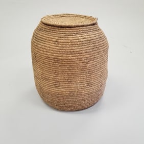 Large woven coiled basket with lid- 21"H 17"D (as seen- edge losses, separations, etc.)