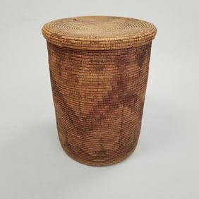 Large old woven basket with lid- 23 1/2"H 17 3/4"D