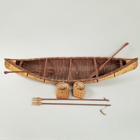 35" birch bark & wood canoe model with some paddles & baskets, etc