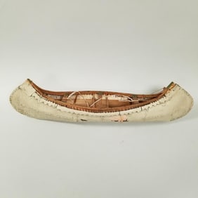 Vintage birch bark canoe model, Walker Minn- 8"H 22"W (as is- bark damage)