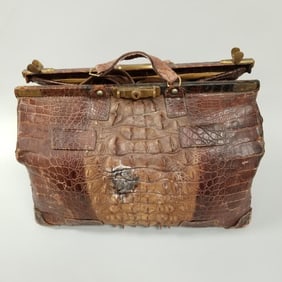 Antique crocodile/ alligator bag with brass hardware- 13"H 19"W 12"D (as is- leather damage, straps
