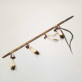 Native American style spear w/ leather covered wood & hand forged metal tip- 68"L