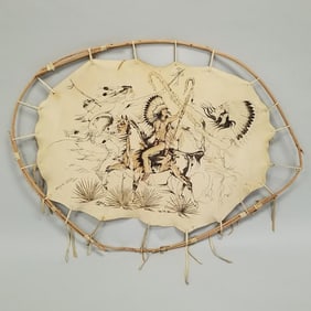 Paha Ska signed Native American style painting on hide- 32"H 46"W