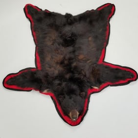 Black bear rug with claws & white fur patches- approx 6' x 5 /12' (as seen- U shaped tear in fur 2"x