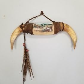 Cow horn mount with Native American style scenic painted leather adornment- 28"L 13"H 5 1/2"D