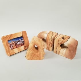 4 pcs sandstone: pair bookends, picture frame, etc- 26 lbs total weight, 8 1/4" largest