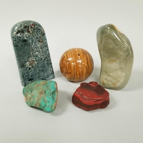 5 rock specimens incl ocean jasper, etc- 12.5 lbs total weight, 6 1/2" longest
