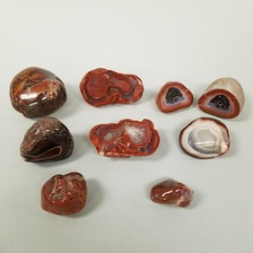 9 agate specimens incl polished, banded, etc- 5 lbs total weight, 3 3/4" longest