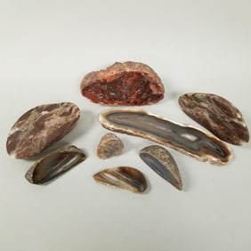 8 agate, etc rock specimens incl slab- 14 lbs total, 12" longest
