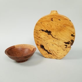 2 pcs artist signed burlwood: vase & bowl- 11" x 9" vase