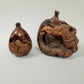 2 burlwood vases: artist signed, etc- 7.5 lbs, 9"H 9"W 6 1/2"L largest