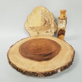 3 folk art wood, etc items incl Ron Dietman signed mushroom, slab, & vase- 16" largest