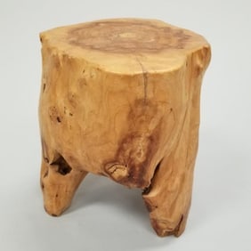 Artisan signed Skalny three-legged wood stool- 13"H 10 1/2" diameter
